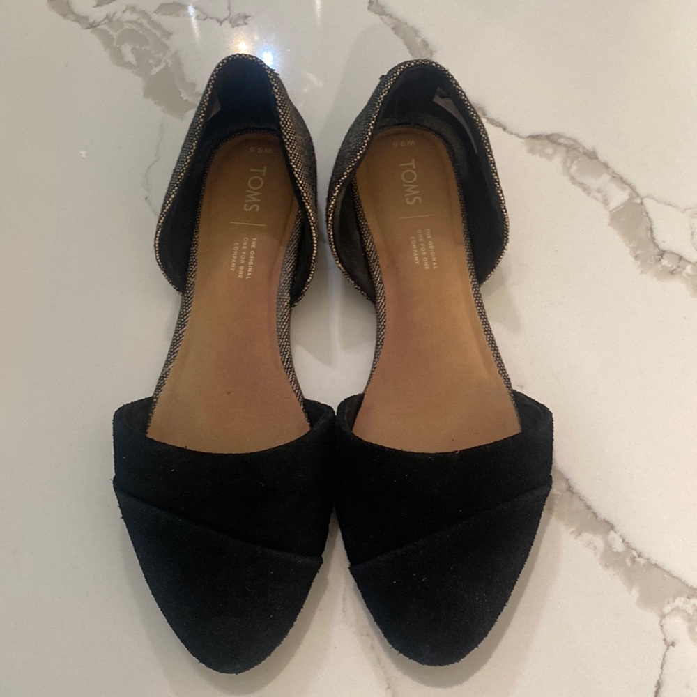 Toms Jutti D’Orsay Flat Black Suede and Metallic Woven Fabric Shoe Size 9.5